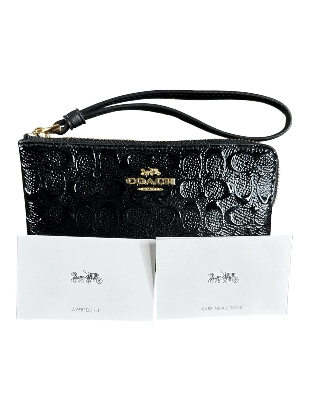 COACH Corner Zip Black Patent Debossed Leather Wristlet - Picture 3 of 6